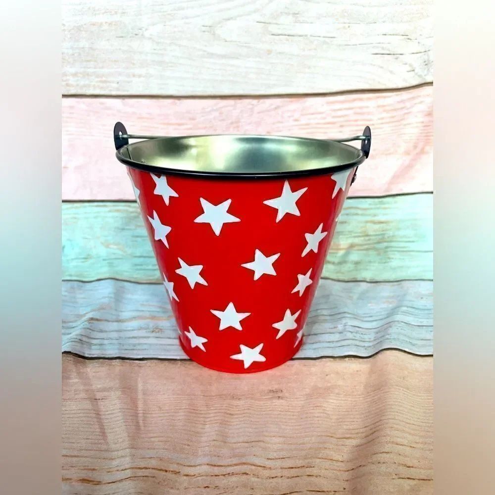 NEW! Small Red Tin Bucket With Stars! 4th of July Decor
